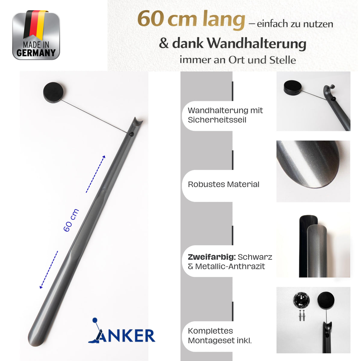 ANKER Schuhlöffel Jo-Jo aufgerollt an Wandhalterung, Beschreibung