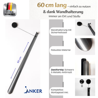 ANKER Schuhlöffel Jo-Jo aufgerollt an Wandhalterung, Beschreibung